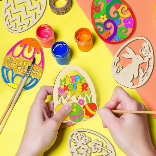 80PCS Wooden Easter Ornaments to Paint, 10 Styles DIY Blank Unfinished Wood Egg Cutouts Ornament for Crafts Hanging Decorations Happy Easter Hallow Egg Rabbit Bunny Butterfly Flower Hen - color: Hallow Egg