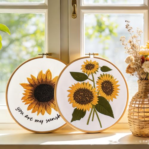 Sunflower Embroidery Kits for Beginners Adults, Floral Hand Embroidery Set Needlepoint Kits, Stamped Cross Stitch Kits for Beginners Adults, 2 Embroidery Hoops, Fabric, Thread(Attached Video Tutorial) - color: Yellow, size: 8inch