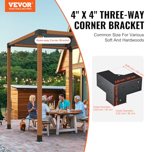 VEVOR Pergola Bracket Kit 4"x4"(Inner 3.6x3.6), 4pcs 3-Way Heavy Duty Corner Bracket, Woodworks DIY Post Base Kit for Gazebos, Patio Pergolas, Log Cabin & Outdoor Wooden Beam Projects - size: 4PC 3-Way 4*4