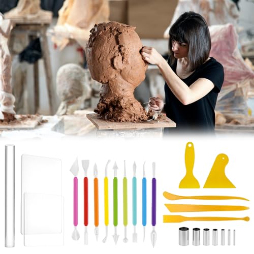 QWORK 24-Piece Clay Sculpting Tool Kit with Acrylic Roller, Sheets, Plastic Scraper, Stainless Steel Cutters, Polymer Clay Cutter Tools