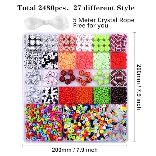2480pcs Sports Ball Polymer Clay Beads Charms for Friendship Bracelets Making Kit Cute Fun Beads DIY Arts Crafts Birthday Gifts for Kids Girls Baseball Basketball Soccer Rugby Volleyball Football Bead - color: A3#Sport Beads