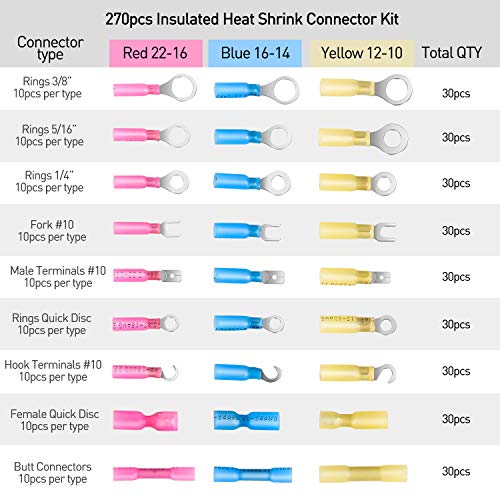 Nilight 270 PCS Heat Shrink Wire Connector Waterproof Marine Automotive Connector Assortment Rings Fork Hook Spade Butt Splices - color: 270Pcs Mixed Heat Shrink Terminals