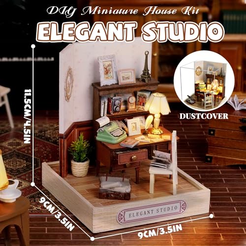 Kisoy Dollhouse Miniature with Furniture Kit, DIY 3D Wooden DIY House Kit with Dust Cover,Handmade Tiny House Toys for Teens Adults Gift(Elegant Studio) - color: Elegant Studio