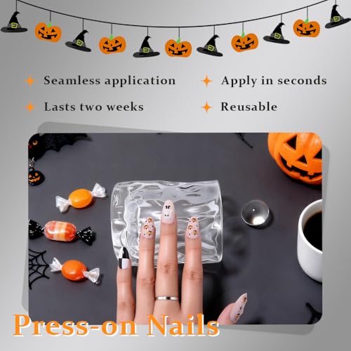 Cute Halloween Press on Nails Short Almond with 3D Ghost Pumpkin Design, Nude Pink Glossy Artificial Acrylic Fake Nails Reusable with Kit, Perfectly Fit Full Cover Stick on False Nail for Women Girl - color: 24Pcs Cute Ghost & Pumpkin-185, size: Short Alm