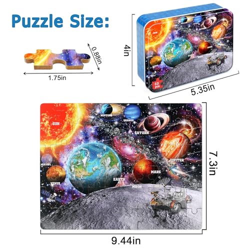 Puzzles for Kids Ages 4-6, 60 Piece Puzzles for Kids Ages 3-5 in Metal Box - color: Space