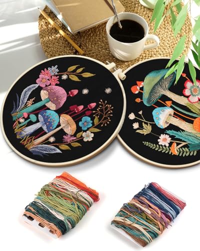 TINDTOP 2 Pack Embroidery Kit for Adult, Embroidery DIY Starter Kit - color: Mushroom A