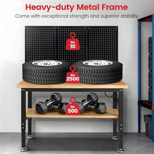 ENJOYWOOD 48" Heavy Duty Workbench for Garage, Adjustable Height Work Table with Storage Shelf, Pegboard, Power Outlets & Rubberwood Top for Workshop, Home, Office