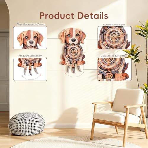 3D Wooden Puzzles for Adults, Beagle Clock Mechanical Model Kits - color: Beagle