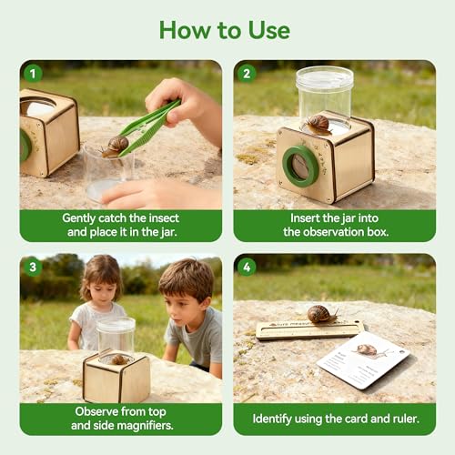 Wooden Bug Catcher for Kids, Tri-View Bug Viewer Kit, Top & Bottom Magnifiers, Insect Observation Container with Tweezers, Ruler & 10 Insect Cards, STEM Outdoor Explorer Toy