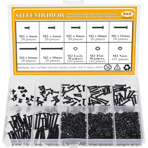 565 Pieces M2 Screws Nuts Washers Set Black, Sutemribor M2 x 4/6/8/10/12/16/20mm Countersunk Head Socket Cap Screws Nuts Washers Assortment Kit, 10.9 Grade Alloy Steel, Fully Threaded - size: M2, style: Countersunk Head Socket Cap