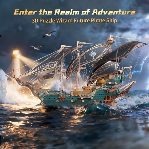 FUNPOLA 3D Wooden Puzzle Pirate Ship Model - Sailing Ship Building Kit, Adventure, Home Decor Display, Creative Gift for Adults (Green) - color: Green