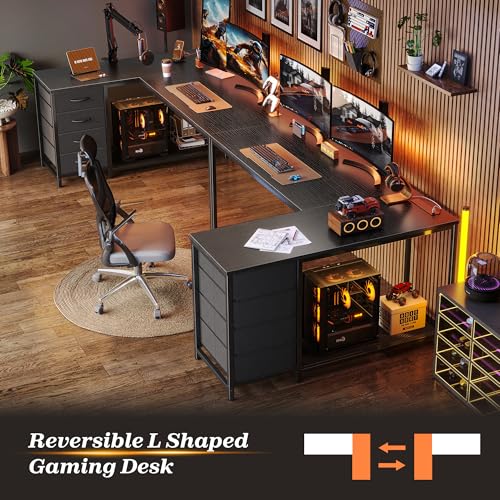 PRAISUN 53" L Shaped Desk with Power Outlets & 4 Drawers - color: Black, size: 53 Inch