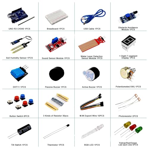 UNO Starter Kit for UNO R3 Development Board Basic Starter Kit 400 Hole Breadboard, Sensors, Obstacle Avoidance Module, and Essential Compatible with A rduino IDE HUAGZIMO