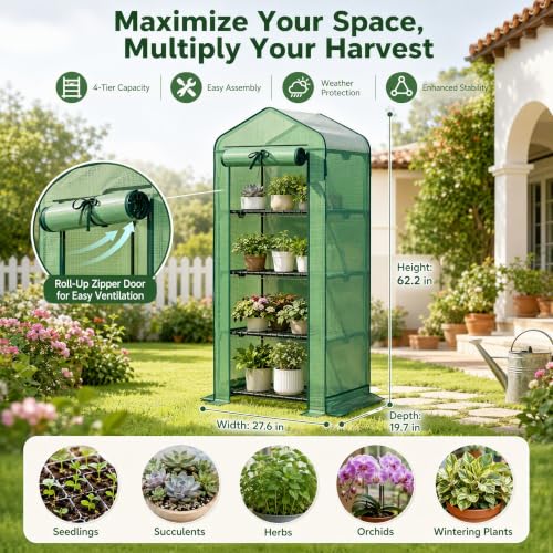 4‑Tier Mini Greenhouse, Small Walk‑in Green House, Dark Green - color: Dark Green, size: Small