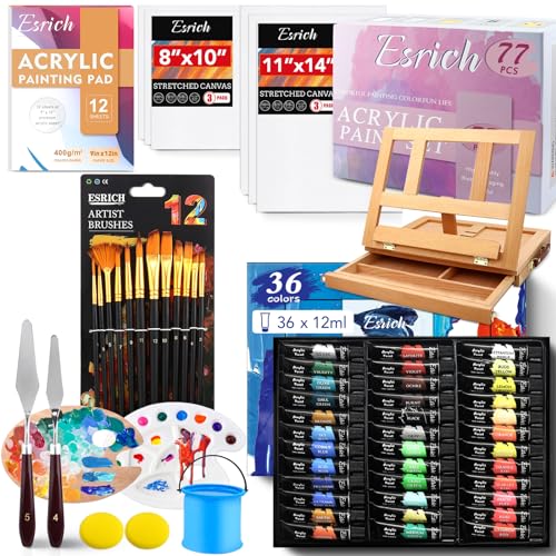 ESRICH 74 PCS Acrylic Paint Set for Adults with Beech Wood Easel - color: 36 Color