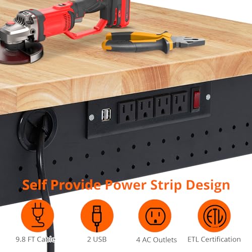 60 Inch Workbench with Power Strip, Rubber Wood,Garage Work Table - size: 60×22 in
