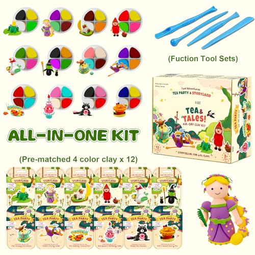 Air Dry Clay Kit for Kids Clay Craft Kits Tale Theme Story Figures 12Box Modeling Clay Set w/Tool&Tutorials,Ultra Soft Non-Sticky Bulk Craft Supplies for Classroom,Birthday,Party,Back to School Gifts - color: Green - Storyland Tea Party