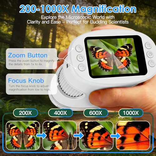 4K 1000X Handheld Digital Microscope for Kids with 2.0" IPS Screen(White) - color: White