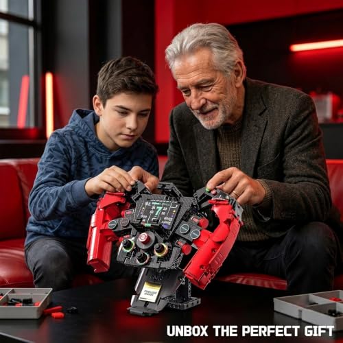 Racing Simulator Steering Wheel Building Set, Mechanical Formula Sim Cars Driving Collectible Model Kit with Moving Parts & Phone Holder for Boys 14+ Adults (Style 1) - color: Red