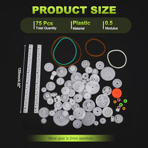 MECCANIXITY Plastic Gear Set Small Motor Gears Module 0.5 for DC Motor DIY Accessories Model Toys RC Car Robot with Belts Pack of 75