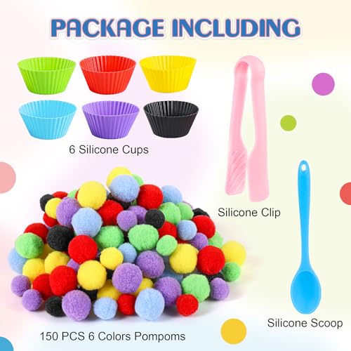 158 PCS Fine Motor Skills Set - style: 150 Pom Poms + 6 Sorting Bowls