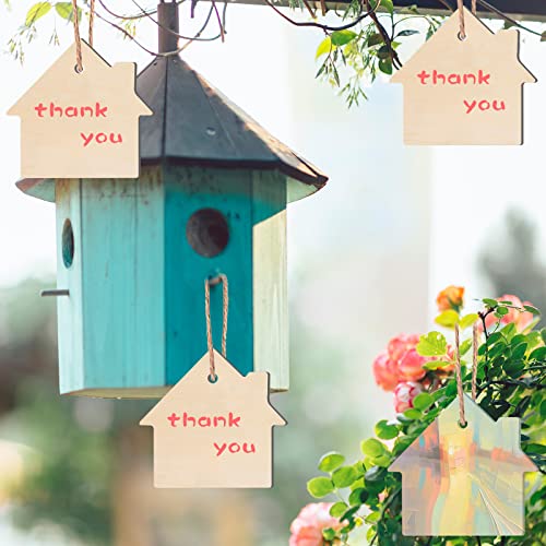 House Shape Hanging Wood House Unfinished Wood with Twines DIY Craft Ornament for Christmas Wedding Birthday Thanksgiving Party Decoration 20Pack