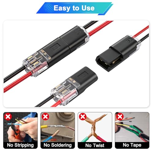 40PCS Solderless Wire Connectors 2 Pin, Quick Splice Low Voltage Connectors with Locking Buckle, 22-18 AWG No Strip Push-in Terminal Block for LED Strip Lights, Automotive, Speaker, 12V 24V DC