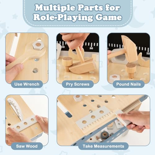 Costzon Kids Tool Bench, Wooden Pretend Workbench w/ 61 Toy Tools and Accessories, Realistic Role Play Construction Building Tool Set, Indoor Outdoor Power Tool Workshop for Boys Girls 3+ - color: Blue + White