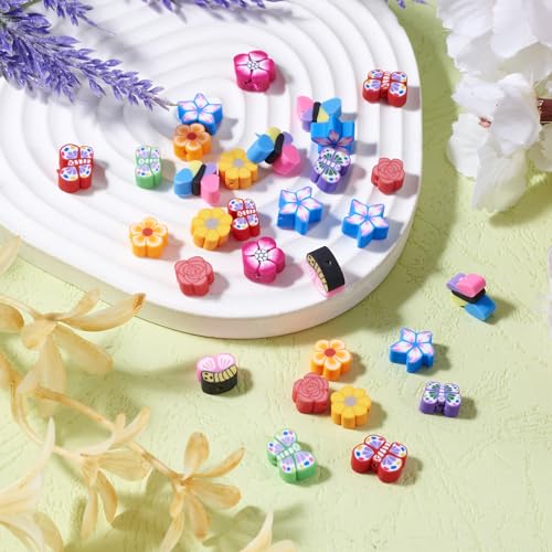 Elecrelive 200pcs Polymer Clay Beads Cute Clay Beads Flower Butterfly Loose Beads for Jewelry Necklace Earring Friendship Bracelet Making - color: Mixed Color-Butterfly & Flower
