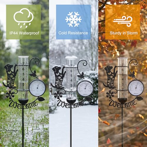 37.8" Rain Gauge Outdoor with Thermometer, Cute Dog Garden Rain Gauges - color: Black - Dog