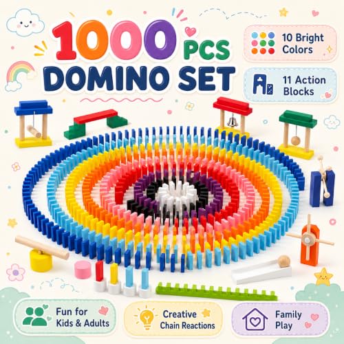 1000 PCS Dominoes Set for Kids with Extra 20 Blocks, Colorful Dominos Tiles for Building, Stacking, Racing, Tumbling, Wood Domino with Storage Bag and Box - color: 1000pcs