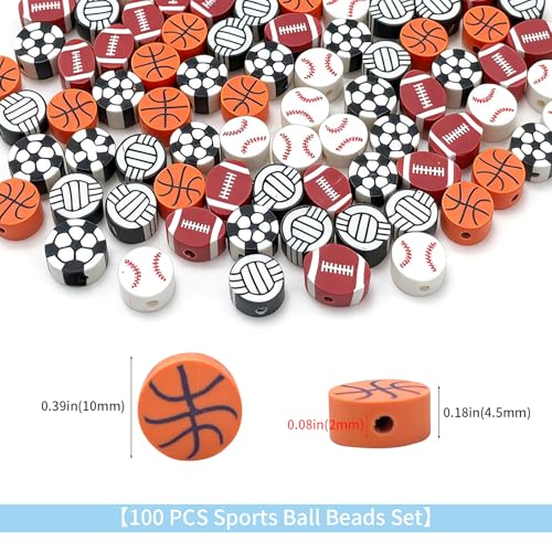100Pcs Sports Ball Beads, VEINARDYL Mixed Ball Polymer Clay Beads Baseball, American Football, Soccer, Basketball, Softball, Tennis Bead for DIY Crafts Earring Necklace Bracelets Making - color: Sports Ball