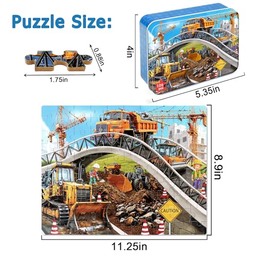 LELEMON Puzzles for Kids Ages 4-6,Construction Site 100 Piece Puzzles for Kids Ages 4-8 in a Metal Box,Educational Jigsaw Puzzles 100 Piece Puzzle Games Puzzle Toys for Girls and Boys - color: Construction