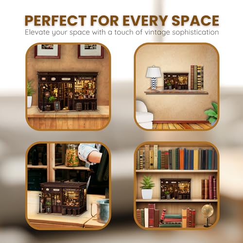 DIY Book Nook Kit LED 3D Wooden Puzzle — Aesthetic Miniature Bookshelf Insert Decor & Diorama Craft Building Kit for Adults, Teens & Home Library | Bookshelf Stand | (Corner Tavern)