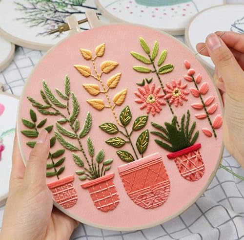 Huacan Embroidery Kits for Adults Beginner - 4 Pcs Floral Pattern Stitching Printed Bouquet DIY Sewing Kit 7.9 x 7.9 Inch (Bouquet 2)