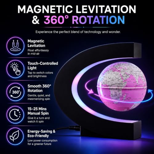 Magnetic Levitation Rotating World Globe with LED Light and Touch Control - color: Pink Glow Color-Changing
