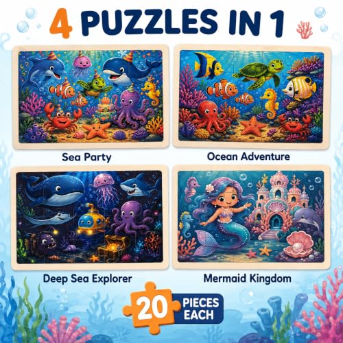 NASHRIO Wooden Puzzles for Kids Ages 3-5, 4 Pack 20 Piece Under the Sea Jigsaw Puzzles with Trays, Ocean Animals Mermaid Dolphin Turtle Puzzle Toys for Toddler Boys Girls Ages 3 4 5 6 - color: Under the Sea