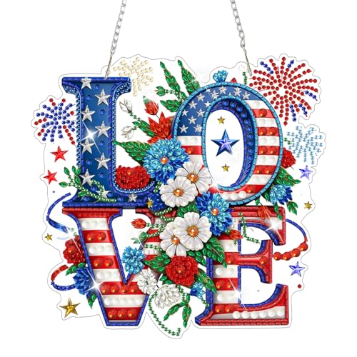 AIRDEA 4th of July Diamond Painting Hanging Kits Pendant for Adult The 4th Special Shaped July 4th Diamond Art Window Pendant Ornament Flowers,7.79x7.53in - color: red white & blue