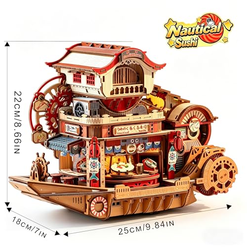 DGRENA 3D Wooden Puzzle, Japanese Sushi Shop Mechanical Model Kit with LED Light Music Box Rotating Mechanism, DIY Craft for Adults Teens Home Decor Gift - color: Voyage Sushi, size: Spatial Puzzle