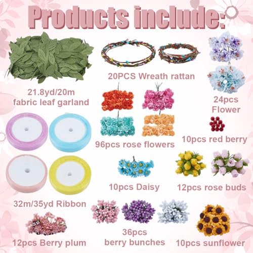 INFUNLY 20 Set DIY Artificial Flower Wreath Paper Roses Blue Pink Wedding Crowns Making Kit Colorful Hanging Floral Wreath for Front Door Make Your Own Flower Headbands Bracelets Kit for Women Girl - color: Red/Pink/Orange/Blue/Purple/Green
