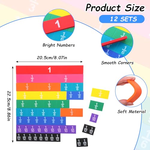12 Sets Rainbow Fraction Tiles Set, Plastic Fractions Manipulatives Math Magnetic Manipulatives for The Home Curriculum