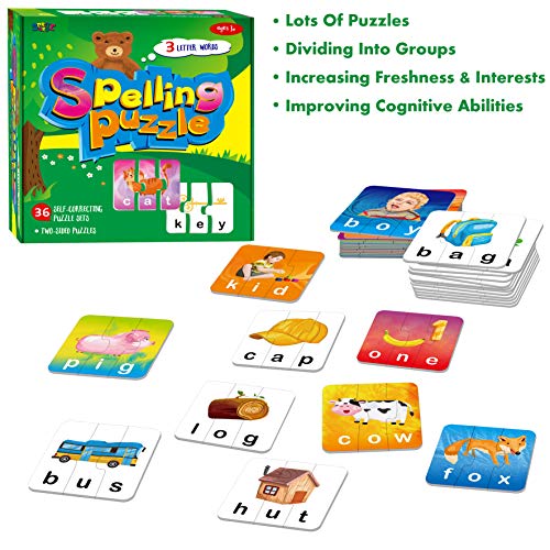 72 Word Spelling Puzzles with Error-Correction Mechanism in 3 Pieces, Perfect for Preschool Learning (36 Block Double Sided) - style: 36 Blocks Double Sided-B