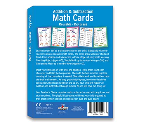 Addition & Subtraction Math Cards for Ages 4 to 7, Reusable Dry Erase Cards - style: Addition & Subtraction Cards