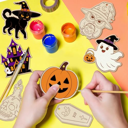 80PCS Wooden Halloween Ornaments to Paint Fall Decorations Crafts for Kids, 10 Styles DIY Blank Autumn Unfinished Skull Pumpkin Ghost Bat Boo Witch Feet Spiderweb Halloween Cutouts for Party Hanging - color: Elf ornament