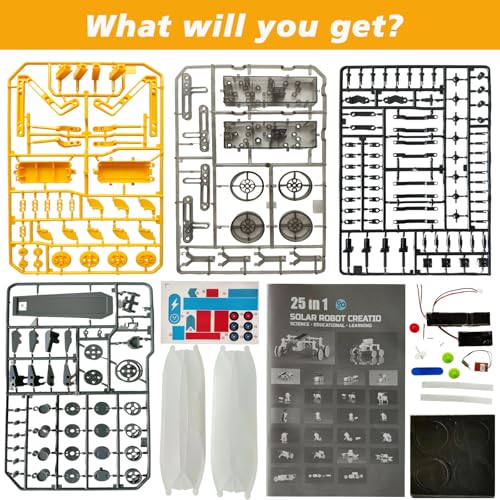 25-in-1 Solar Science Robot Kit, STEM Building Toy for Kids Ages 8+ - color: Yellow & Grey