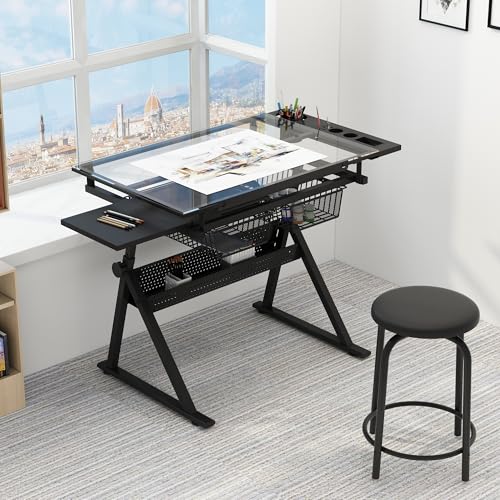 39" Adjustable Tempered Glass Drafting Table with Stool and Tilt Top - color: Black-j