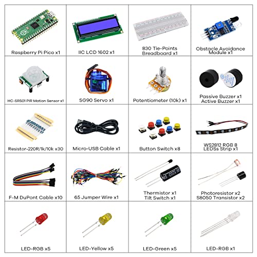 LAFVIN Basic Starter Kit for Raspberry Pi Pico, LCD1602 Display, SG90 Servo, WS2812 RGB LED, Support MicroPython & C/C++ for STEM DIY Electronic Project with Tutorial