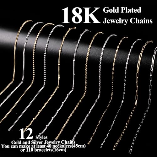 HUISUYTON 18K Gold 59FT 12Roll Necklace Chain Kit for Jewelry Making - color: 18k Gold Plated and Stainless Steel Silver-59Ft+Pendants