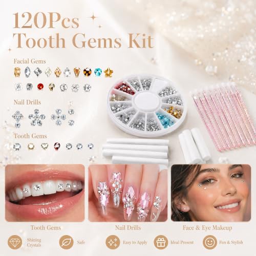 NZUCPZ 120Pcs Tooth Gems Kit DIY Crystal Teeth Jewelry Set Y2K Tooth Gem Starter Kit with Diamonds Gems for Teeth Fashion Dental Accessories Professional Use Gold and Silver Style