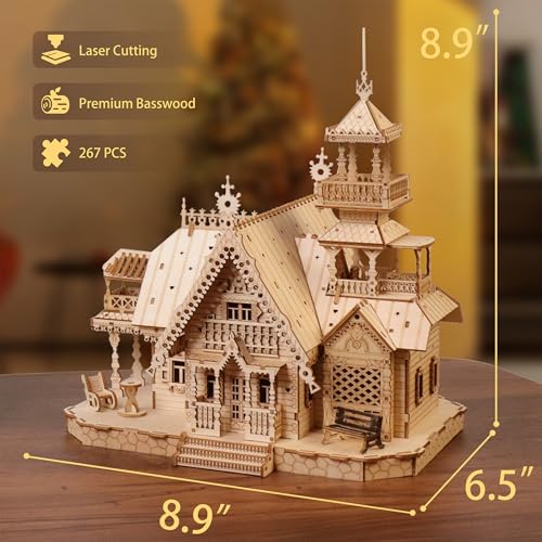 3D Puzzle for Adults, LED Vintage Wooden Villa with USB Lights - color: Vintage Villa